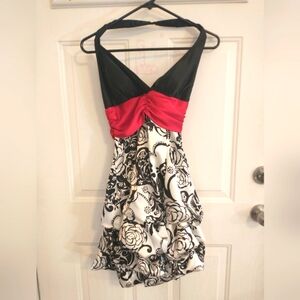 B Darlin Junior Halter Dress. Red, black and white mini dress. Size 5/6.